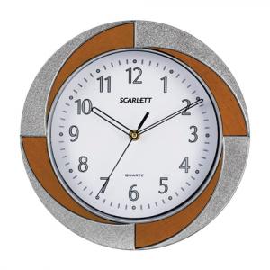 ЛИКВИДАЦИЯ! Часы настенные SCARLETT SC-55RA круг,белые, бело-коричн.рамка, плавный ход, 28*28*4,4 см